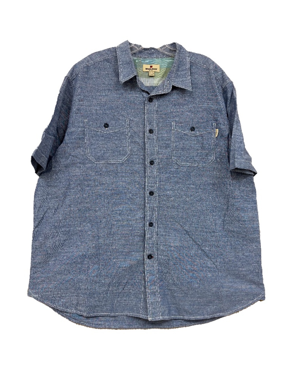 Woolrich Mens 2XL Blue Short Sleeve Button Down Shirt 100% Cotton Chambray